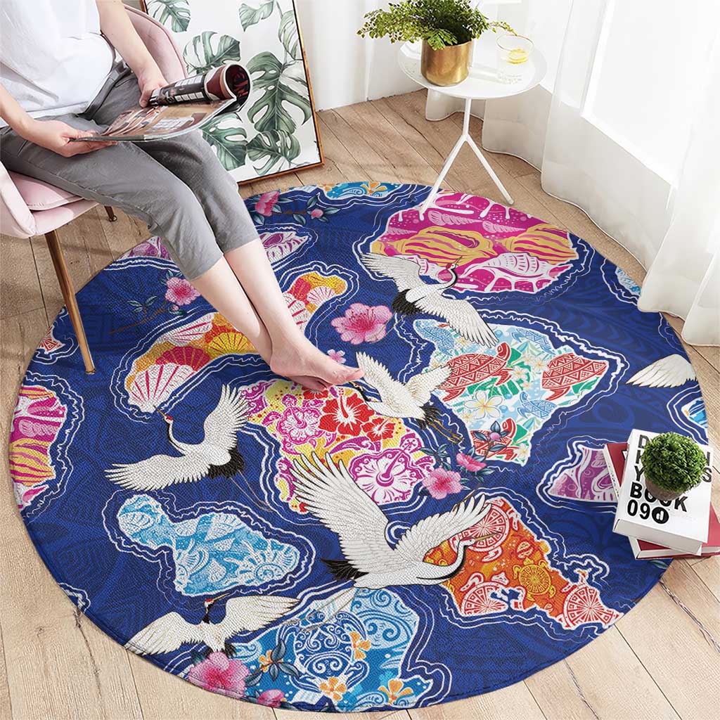 Hawaiian and Japanese Culture Together Round Carpet Hawaiian Archipelago Shape Sea Animals