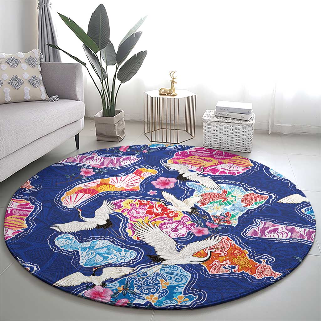 Hawaiian and Japanese Culture Together Round Carpet Hawaiian Archipelago Shape Sea Animals