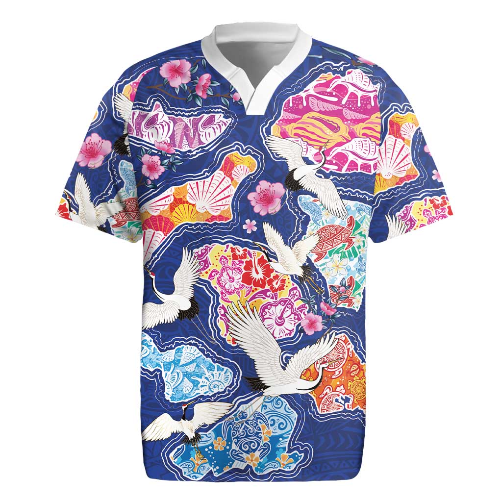 Hawaiian and Japanese Culture Together Rugby Jersey Hawaiian Archipelago Shape Sea Animals