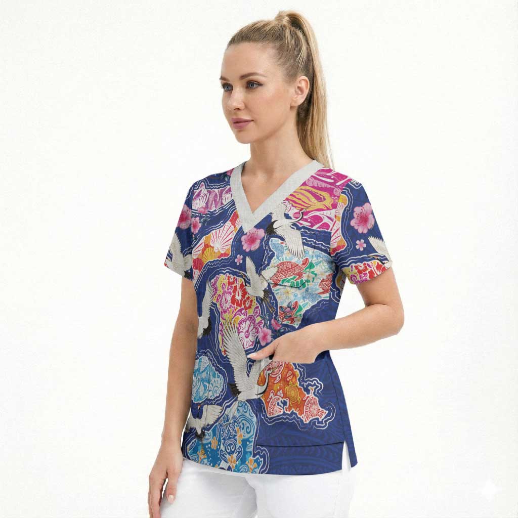 Hawaiian and Japanese Culture Together Scrub Top Hawaiian Archipelago Shape Sea Animals