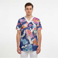 Hawaiian and Japanese Culture Together Scrub Top Hawaiian Archipelago Shape Sea Animals