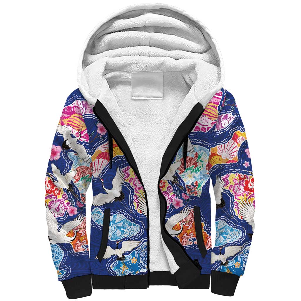 Hawaiian and Japanese Culture Together Sherpa Hoodie Hawaiian Archipelago Shape Sea Animals LT03 Unisex Multicolor - Polynesian Pride