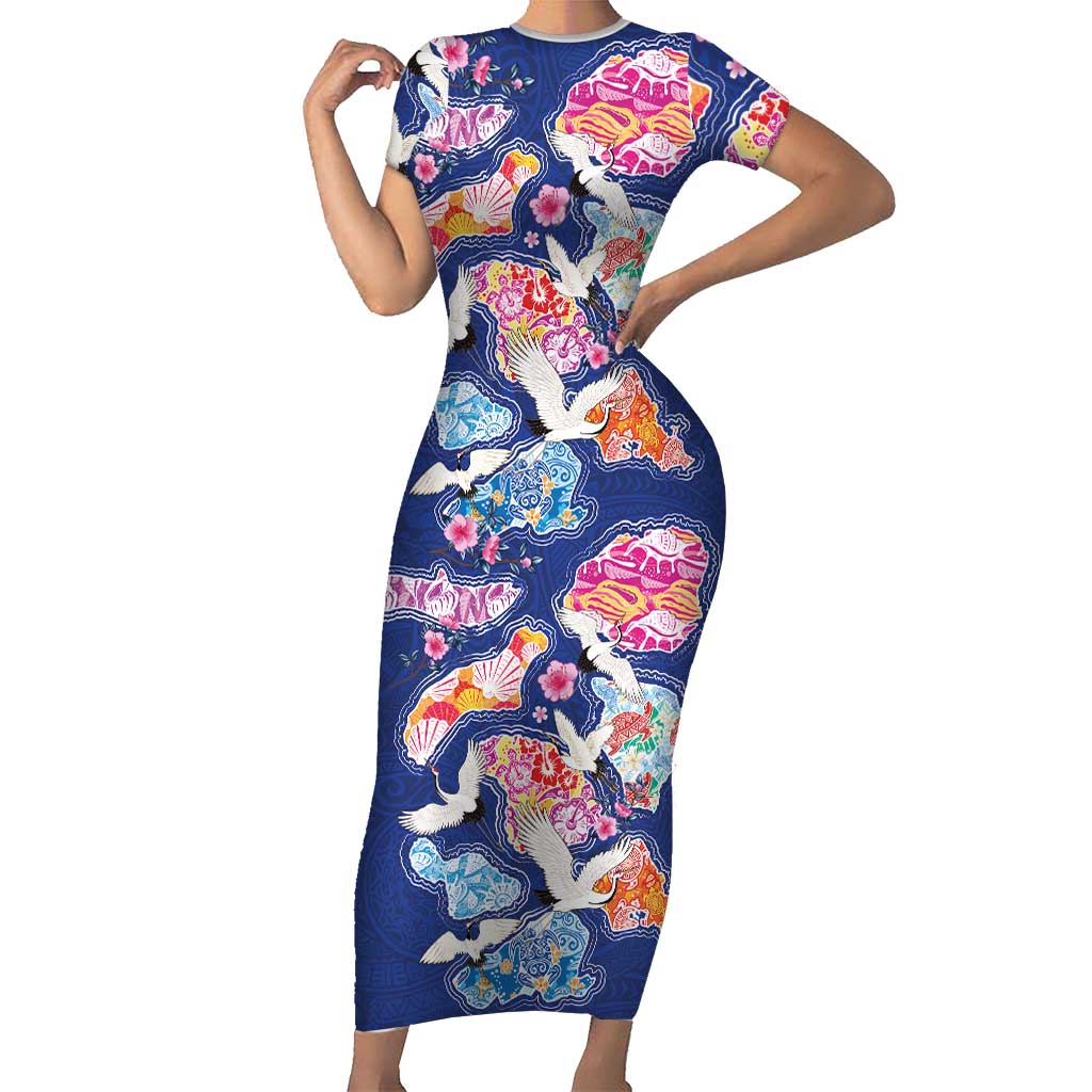 Hawaiian and Japanese Culture Together Short Sleeve Bodycon Dress Hawaiian Archipelago Shape Sea Animals LT03 Long Dress Multicolor - Polynesian Pride