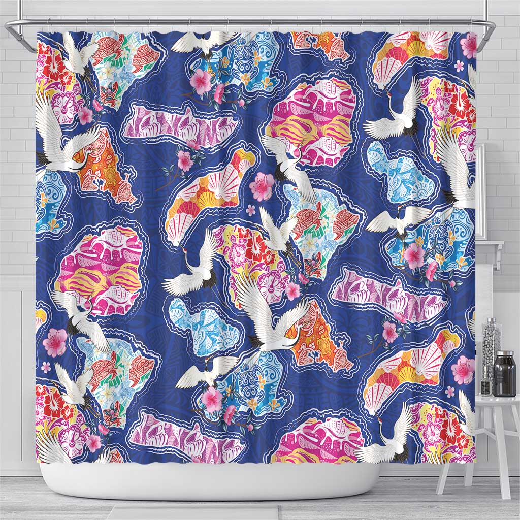 Hawaiian and Japanese Culture Together Shower Curtain Hawaiian Archipelago Shape Sea Animals
