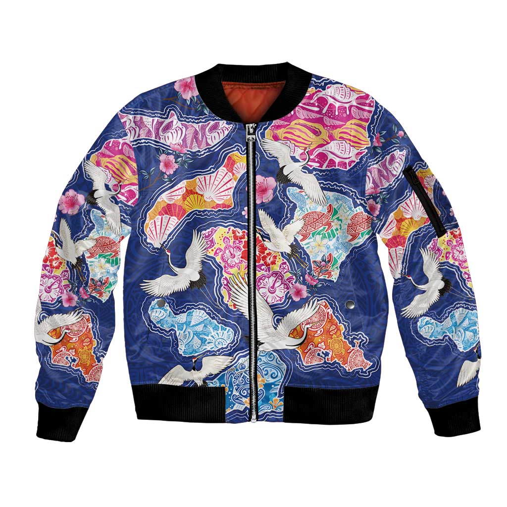 Hawaiian and Japanese Culture Together Sleeve Zip Bomber Jacket Hawaiian Archipelago Shape Sea Animals
