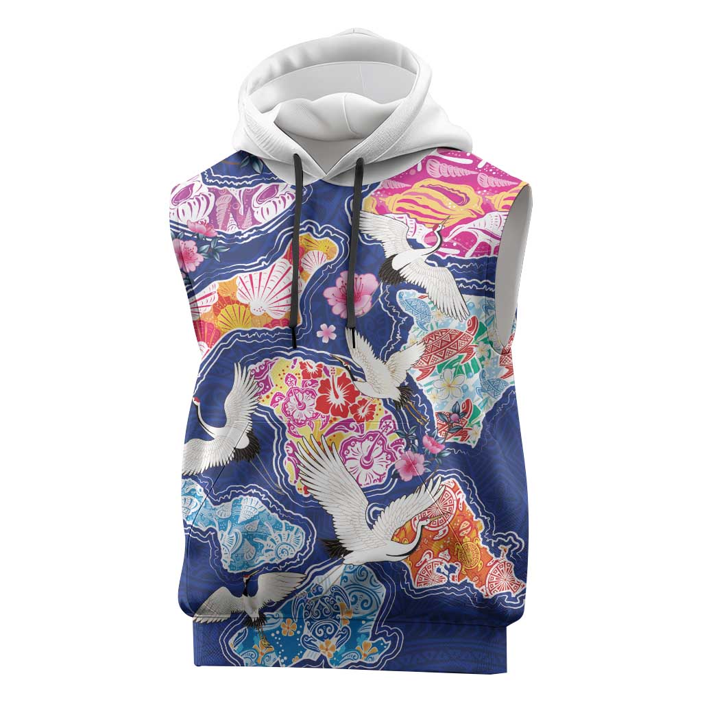 Hawaiian and Japanese Culture Together Sleeveless Hoodie Hawaiian Archipelago Shape Sea Animals