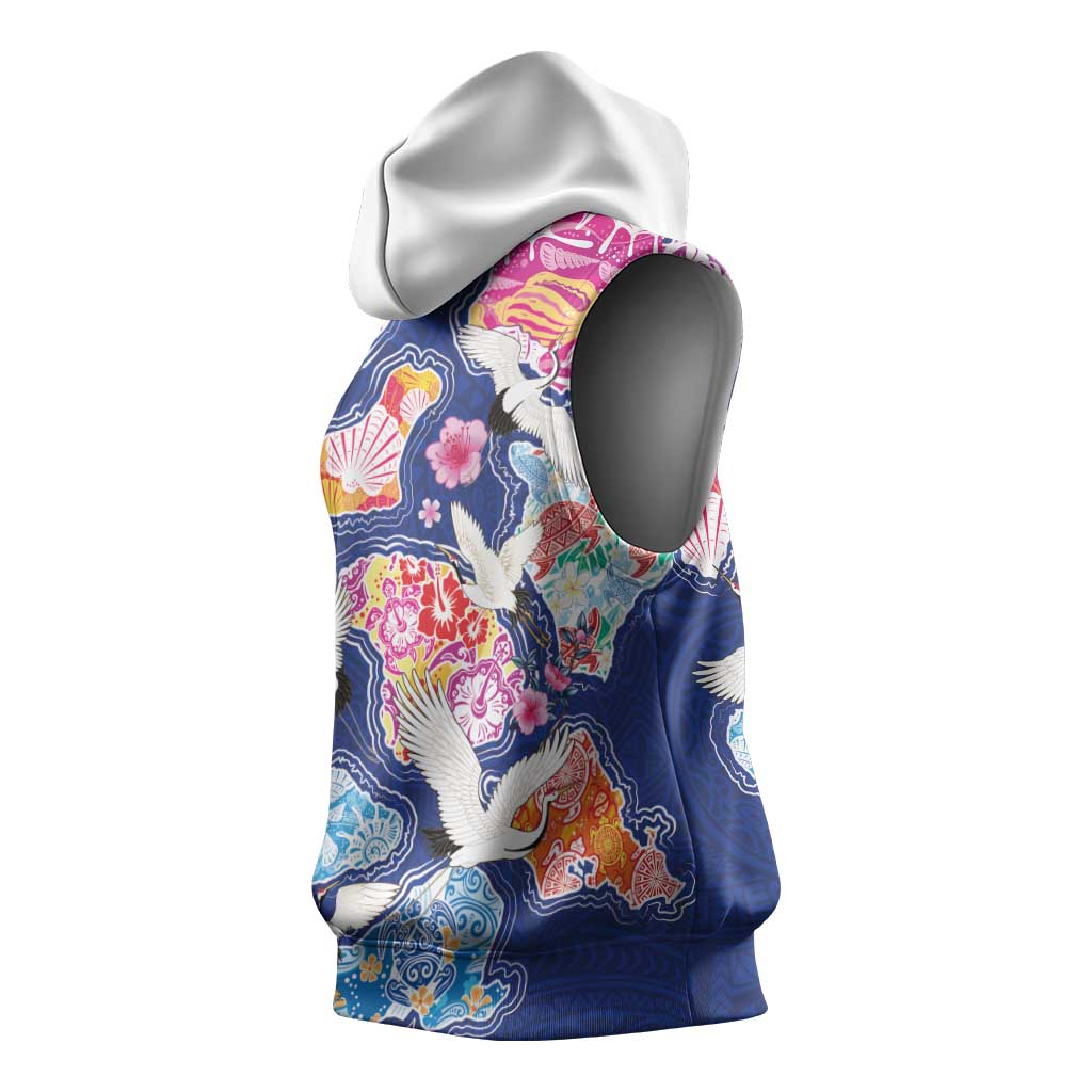 Hawaiian and Japanese Culture Together Sleeveless Hoodie Hawaiian Archipelago Shape Sea Animals LT03 - Polynesian Pride
