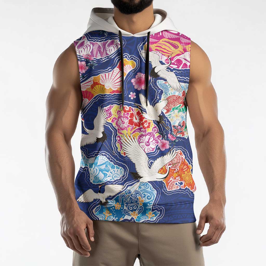 Hawaiian and Japanese Culture Together Sleeveless Hoodie Hawaiian Archipelago Shape Sea Animals LT03 - Polynesian Pride