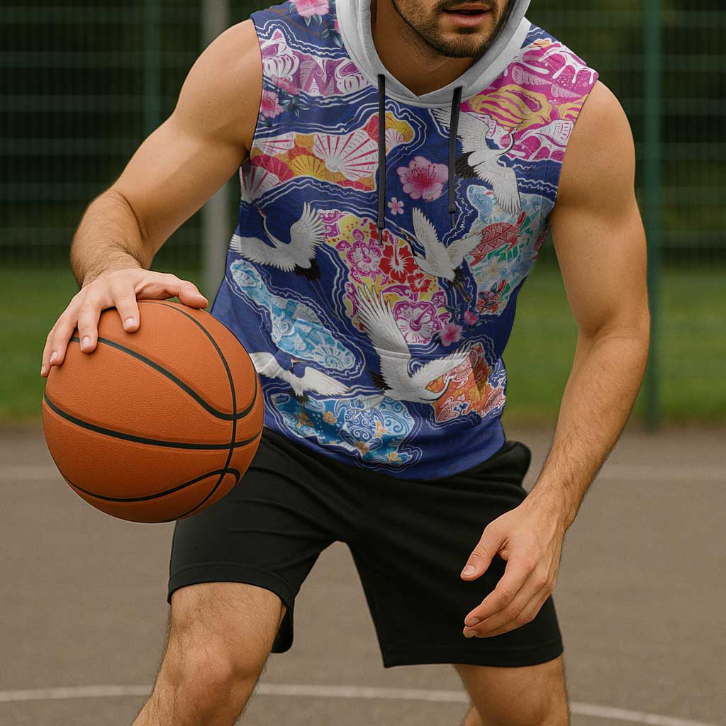Hawaiian and Japanese Culture Together Sleeveless Hoodie Hawaiian Archipelago Shape Sea Animals LT03 - Polynesian Pride