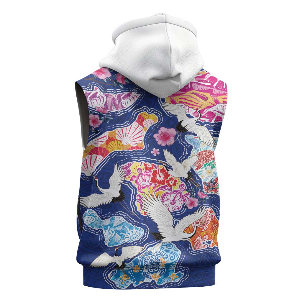 Hawaiian and Japanese Culture Together Sleeveless Zip Hoodie Hawaiian Archipelago Shape Sea Animals LT03 - Polynesian Pride