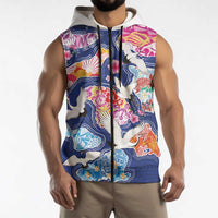 Hawaiian and Japanese Culture Together Sleeveless Zip Hoodie Hawaiian Archipelago Shape Sea Animals LT03 - Polynesian Pride