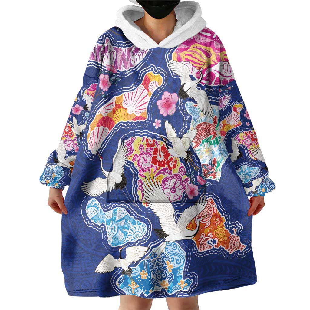 Hawaiian and Japanese Culture Together Wearable Blanket Hoodie Hawaiian Archipelago Shape Sea Animals LT03 - Polynesian Pride
