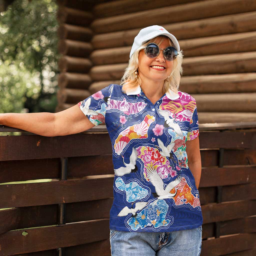 Hawaiian and Japanese Culture Together Women Polo Shirt Hawaiian Archipelago Shape Sea Animals LT03 - Polynesian Pride