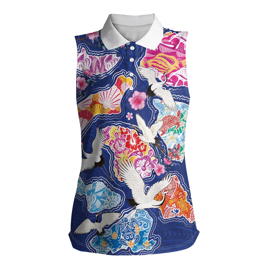 Hawaiian and Japanese Culture Together Women Sleeveless Polo Shirt Hawaiian Archipelago Shape Sea Animals