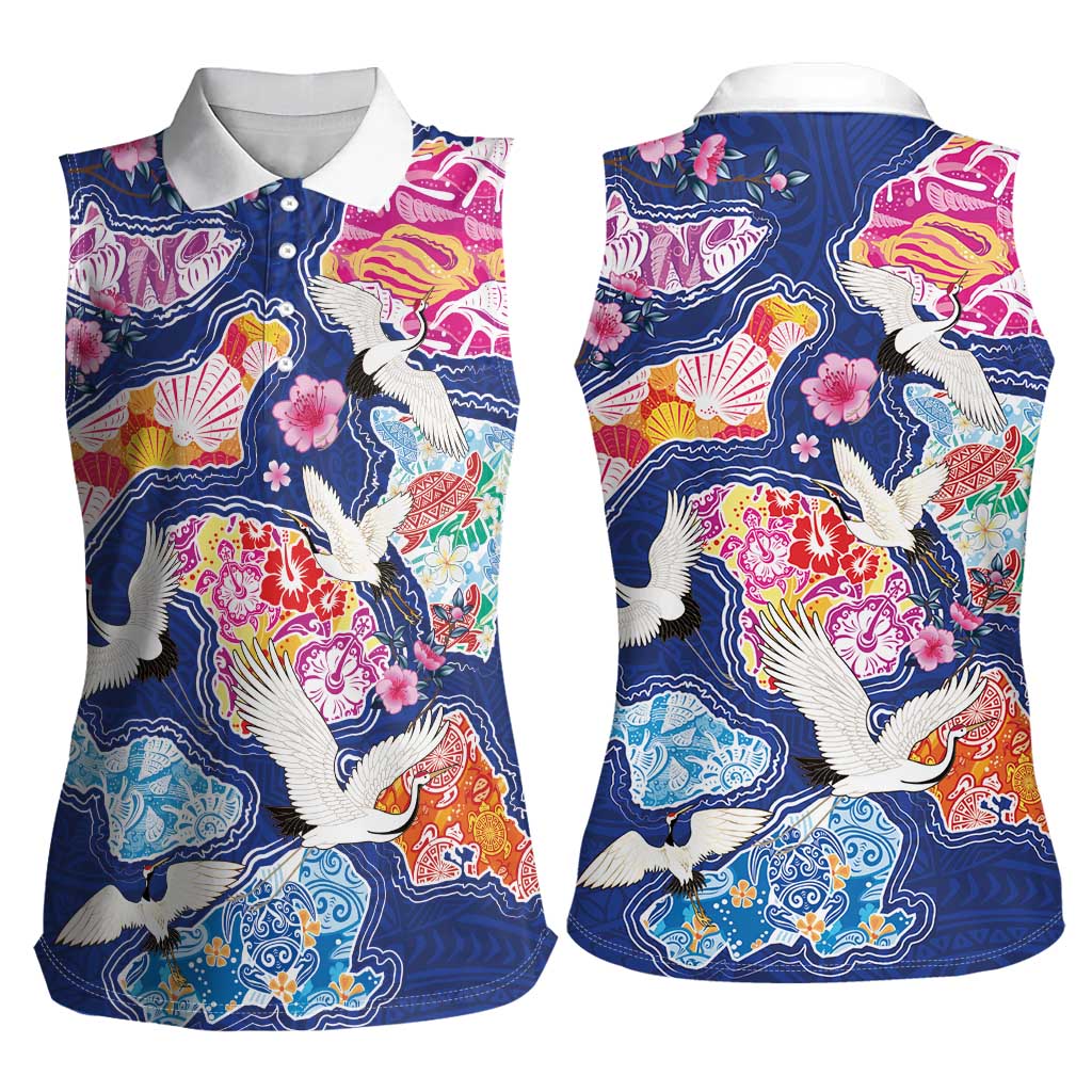 Hawaiian and Japanese Culture Together Women Sleeveless Polo Shirt Hawaiian Archipelago Shape Sea Animals LT03 - Polynesian Pride