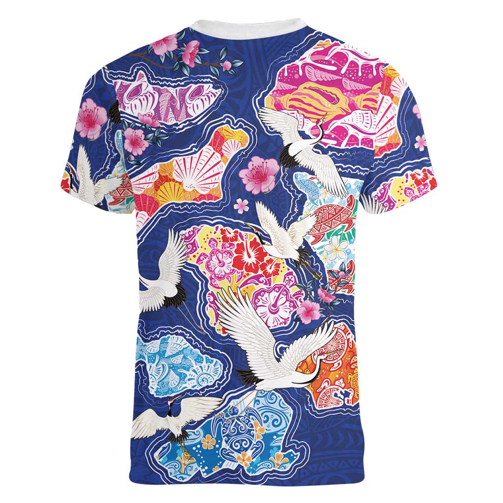 Hawaiian and Japanese Culture Together Women V-Neck T-Shirt Hawaiian Archipelago Shape Sea Animals LT03 - Polynesian Pride