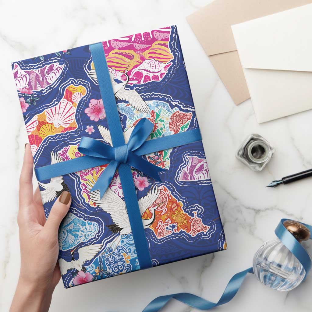 Hawaiian and Japanese Culture Together Wrapping Paper Hawaiian Archipelago Shape Sea Animals