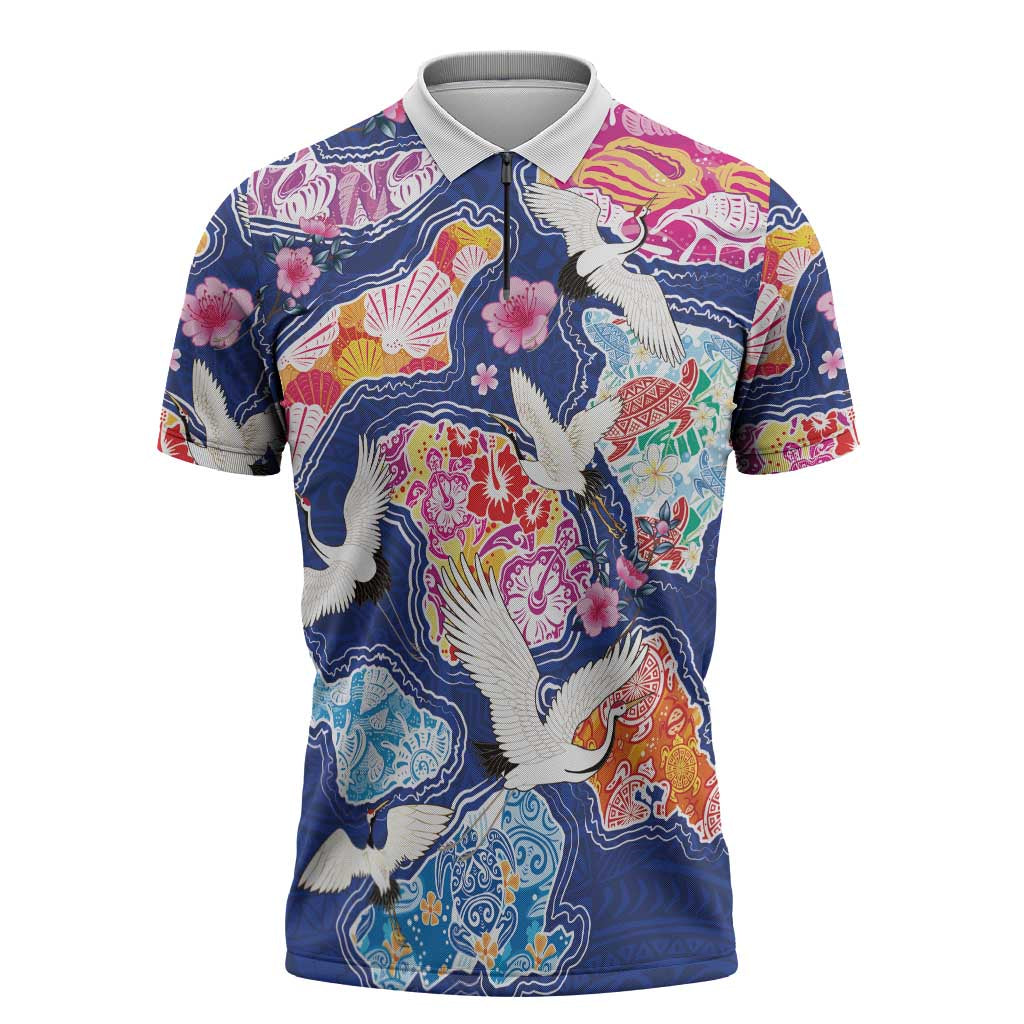 Hawaiian and Japanese Culture Together Zipper Polo Shirt Hawaiian Archipelago Shape Sea Animals LT03 Multicolor - Polynesian Pride