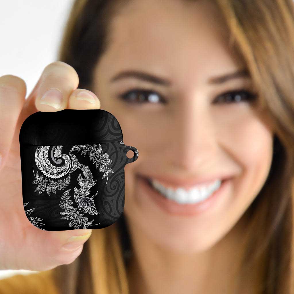 New Zealand Sea Animals with Maori Tribal Tattoo AirPods Case Shark Manta Ray with Silver Fern Black LT03 - Polynesian Pride