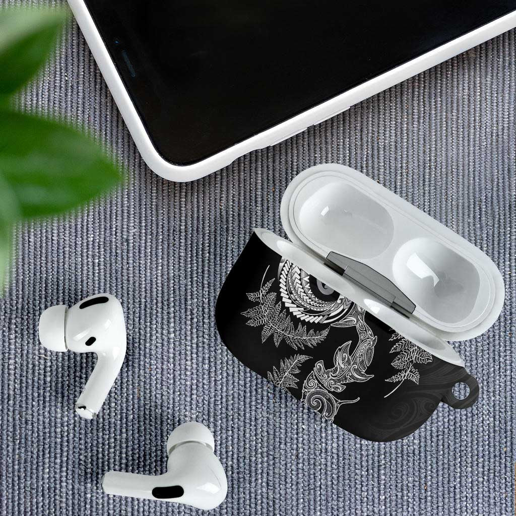 New Zealand Sea Animals with Maori Tribal Tattoo AirPods Case Shark Manta Ray with Silver Fern Black LT03 - Polynesian Pride