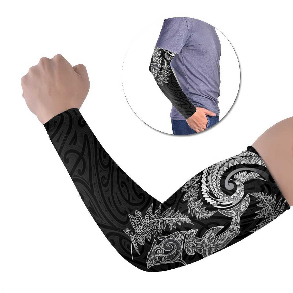 New Zealand Sea Animals with Maori Tribal Tattoo Arm Sleeves Shark Manta Ray with Silver Fern Black