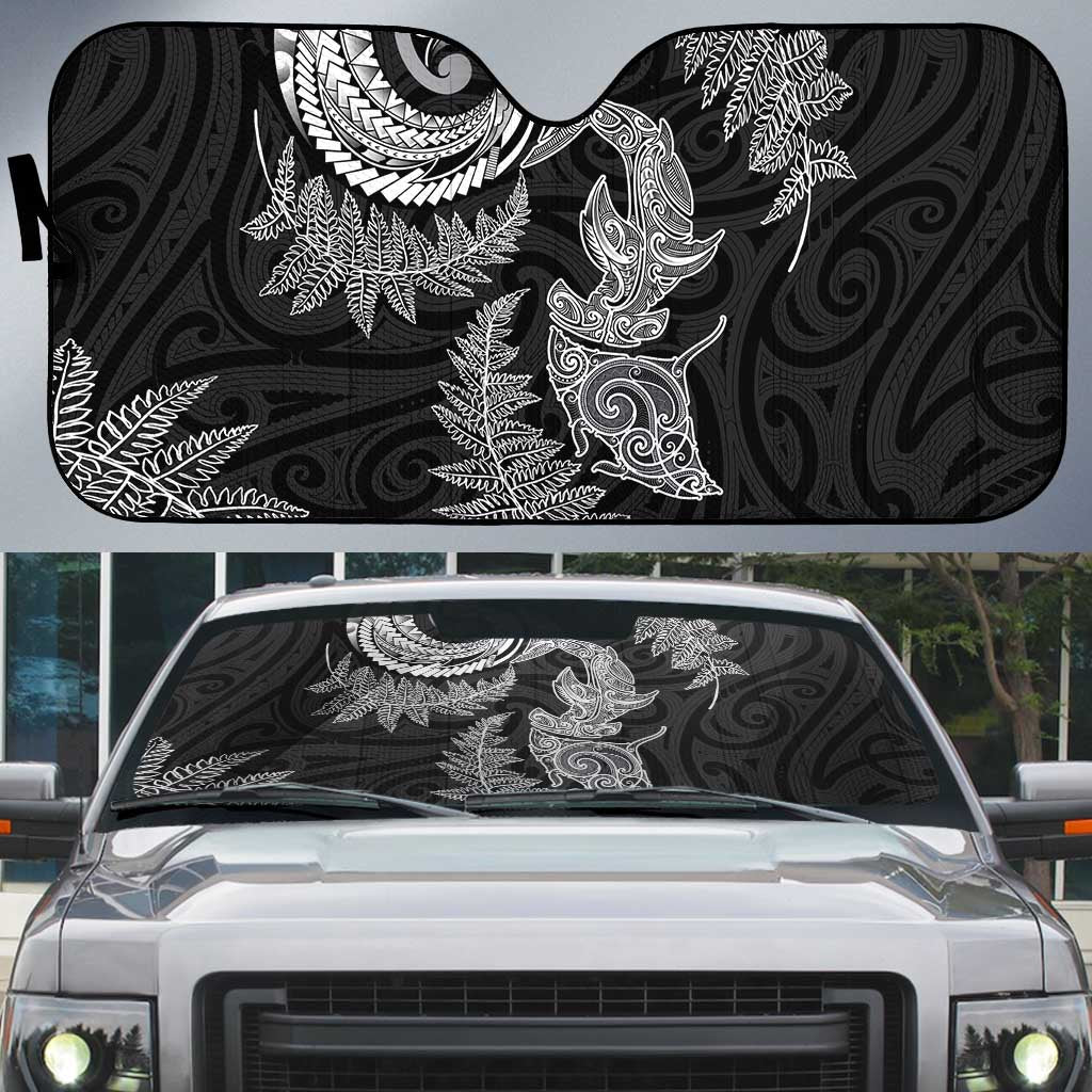 New Zealand Sea Animals with Maori Tribal Tattoo Auto Sun Shade Shark Manta Ray with Silver Fern Black