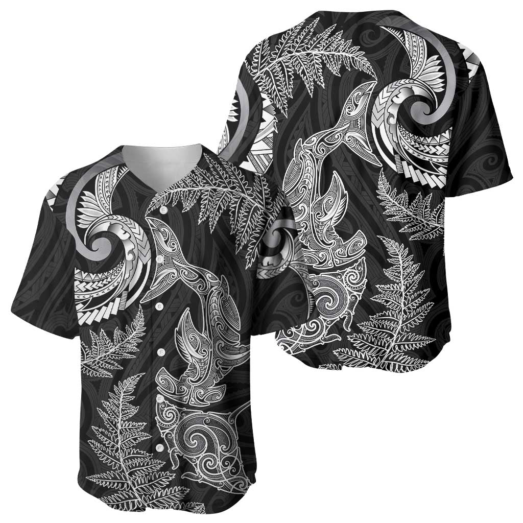 New Zealand Sea Animals with Maori Tribal Tattoo Baseball Jersey Shark Manta Ray with Silver Fern Black LT03 - Polynesian Pride