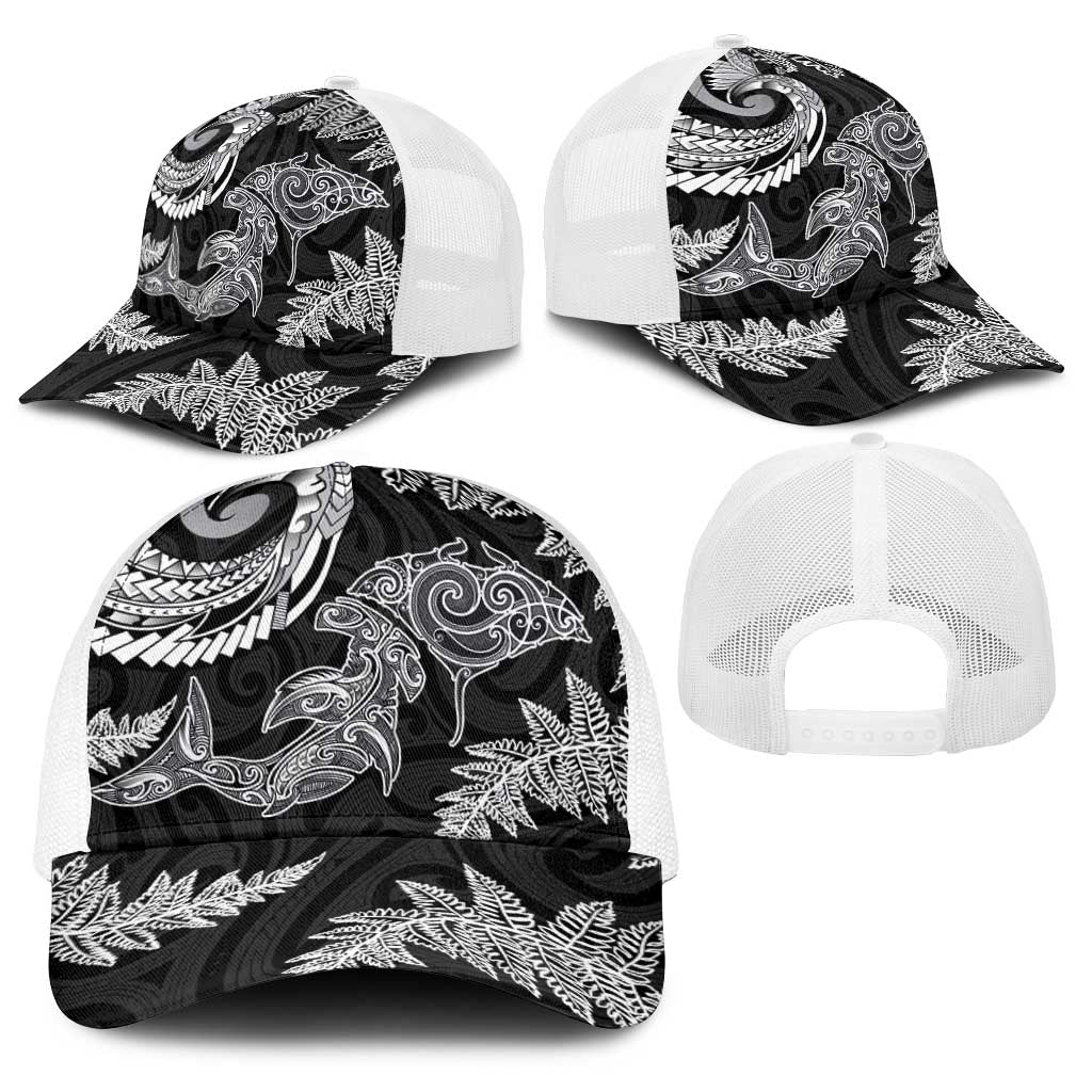 New Zealand Sea Animals with Maori Tribal Tattoo Baseball Net Cap Shark Manta Ray with Silver Fern Black LT03 - Polynesian Pride