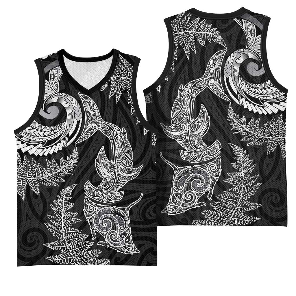 New Zealand Sea Animals with Maori Tribal Tattoo Basketball Jersey Shark Manta Ray with Silver Fern Black LT03 - Polynesian Pride