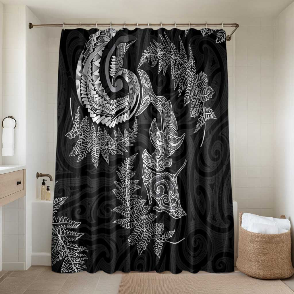 New Zealand Sea Animals with Maori Tribal Tattoo Bathroom Set Shark Manta Ray with Silver Fern Black LT03 Shower Curtain Only Black - Polynesian Pride