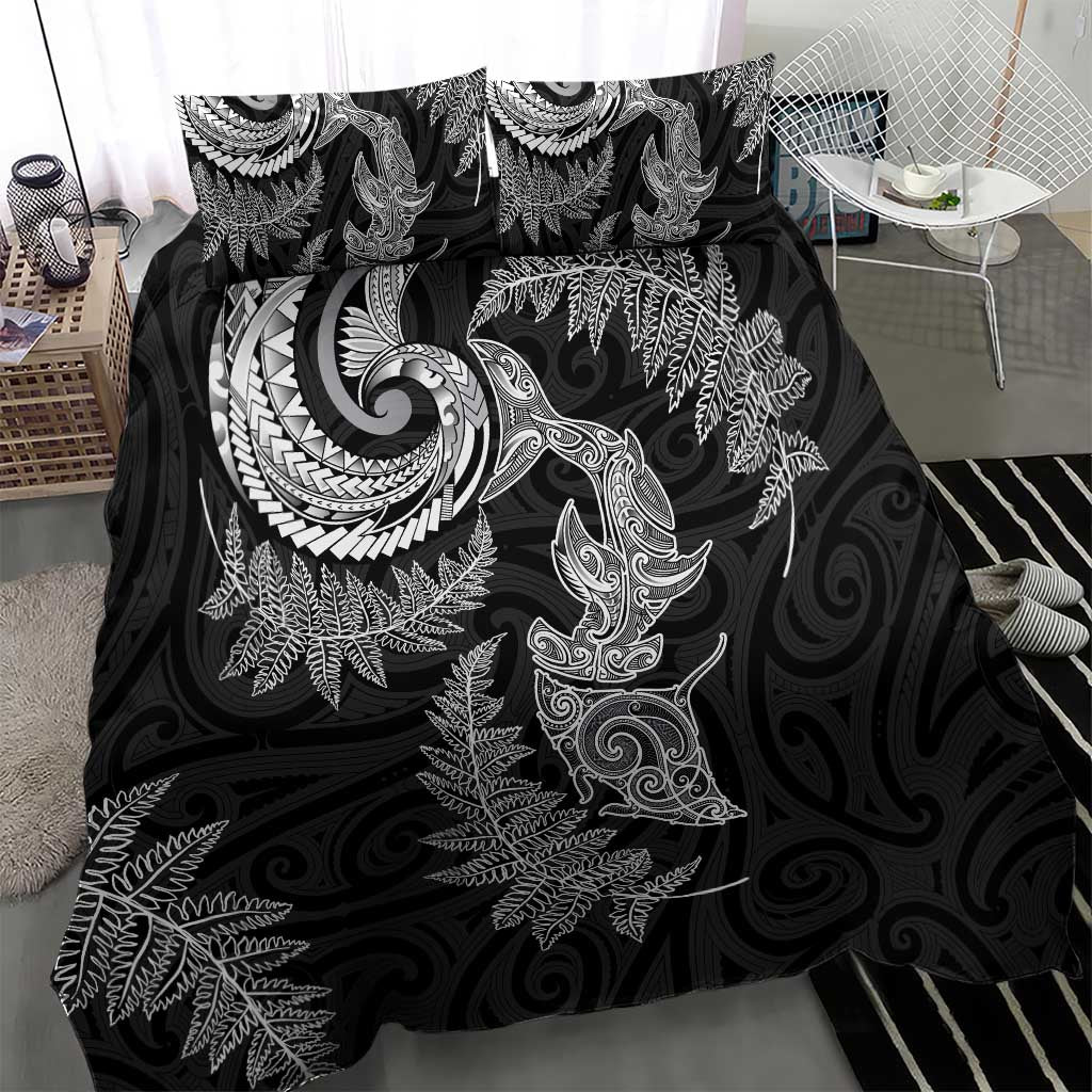 New Zealand Sea Animals with Maori Tribal Tattoo Bedding Set Shark Manta Ray with Silver Fern Black