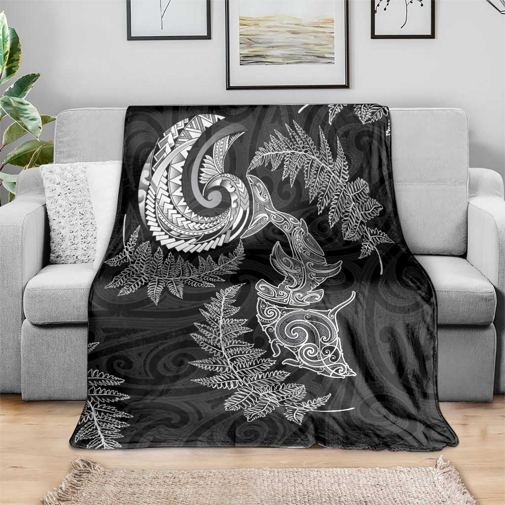 New Zealand Sea Animals with Maori Tribal Tattoo Blanket Shark Manta Ray with Silver Fern Black LT03 - Polynesian Pride