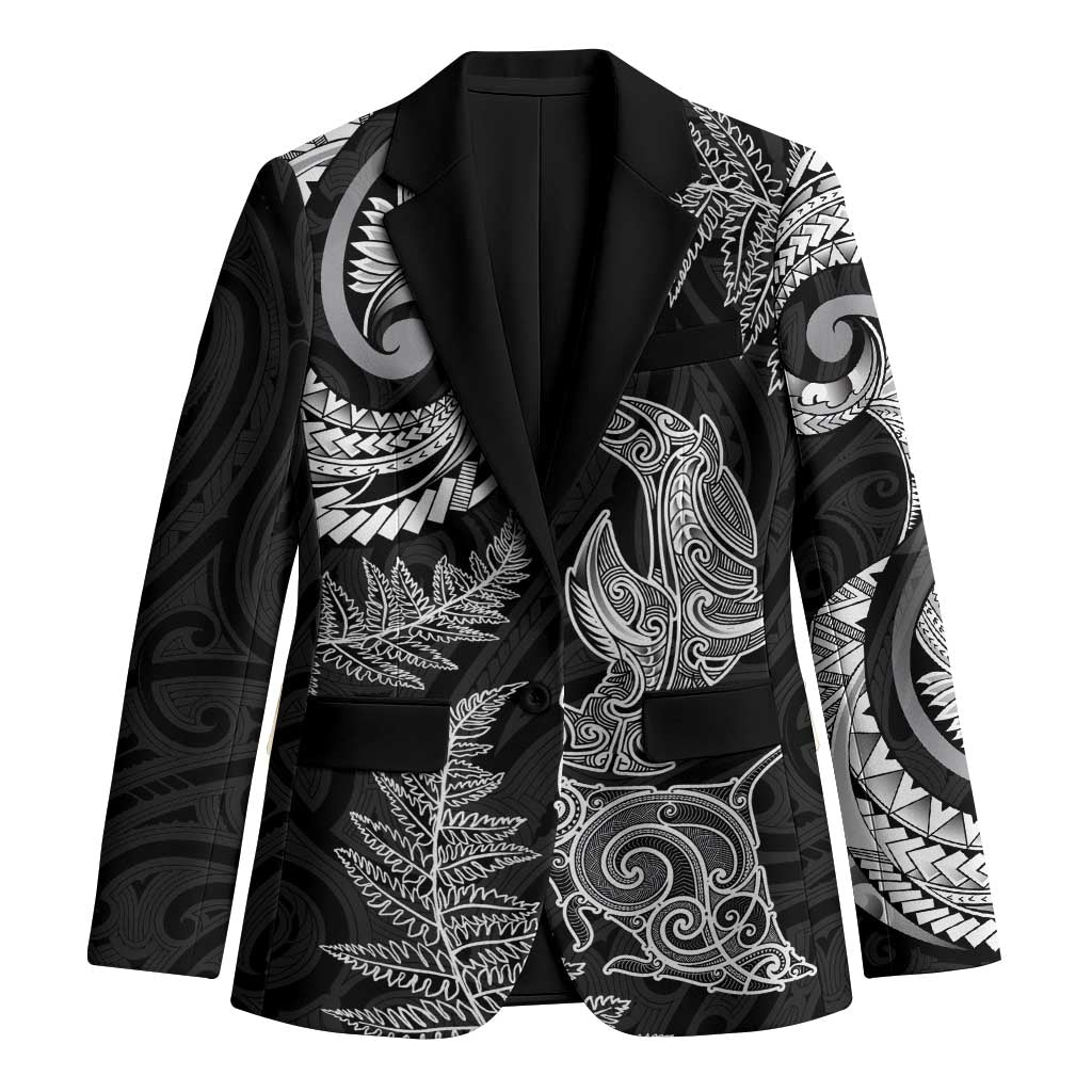 New Zealand Sea Animals with Maori Tribal Tattoo Blazer Shark Manta Ray with Silver Fern Black LT03 Unisex Black - Polynesian Pride