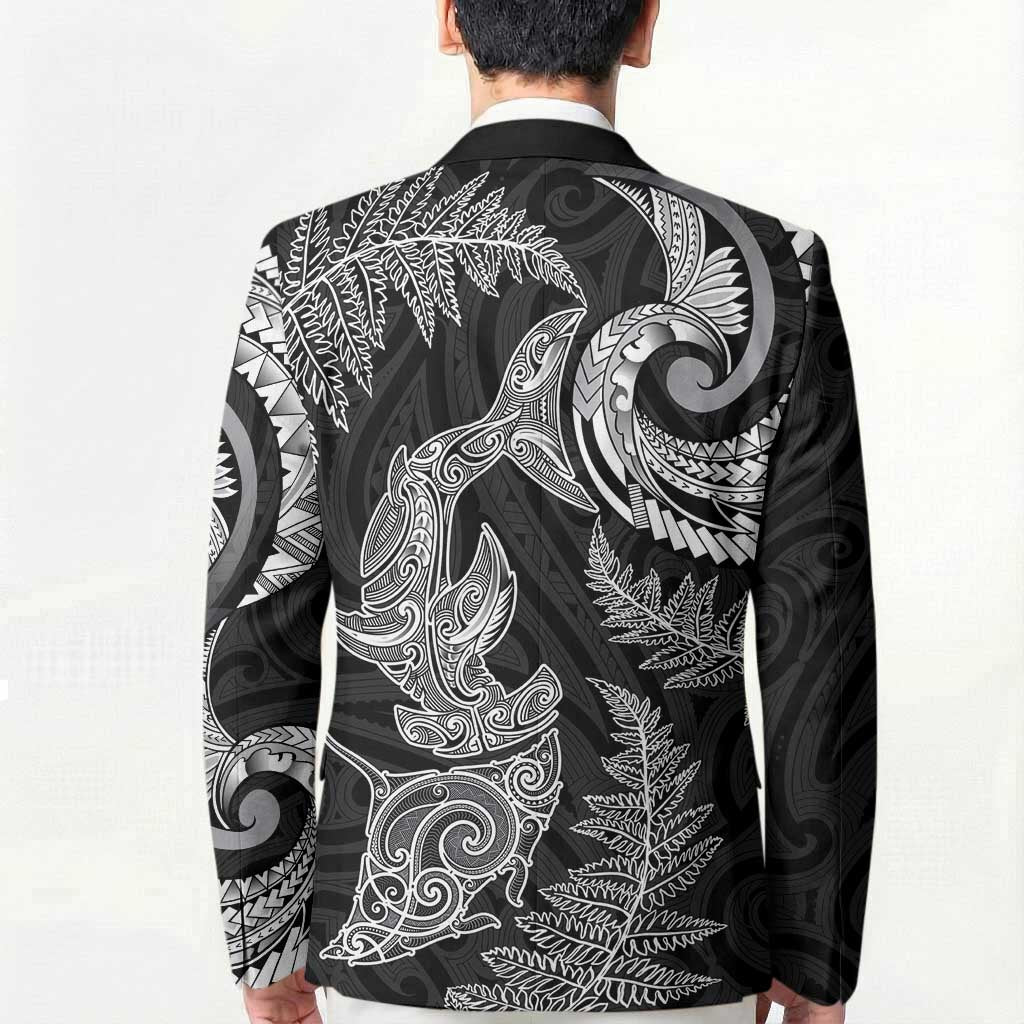 New Zealand Sea Animals with Maori Tribal Tattoo Blazer Shark Manta Ray with Silver Fern Black LT03 - Polynesian Pride