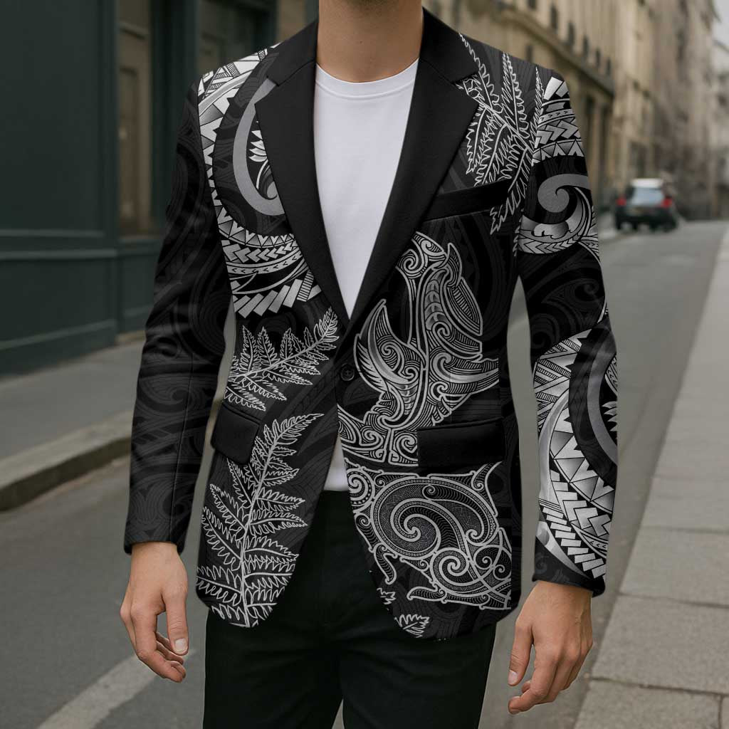 New Zealand Sea Animals with Maori Tribal Tattoo Blazer Shark Manta Ray with Silver Fern Black LT03 - Polynesian Pride