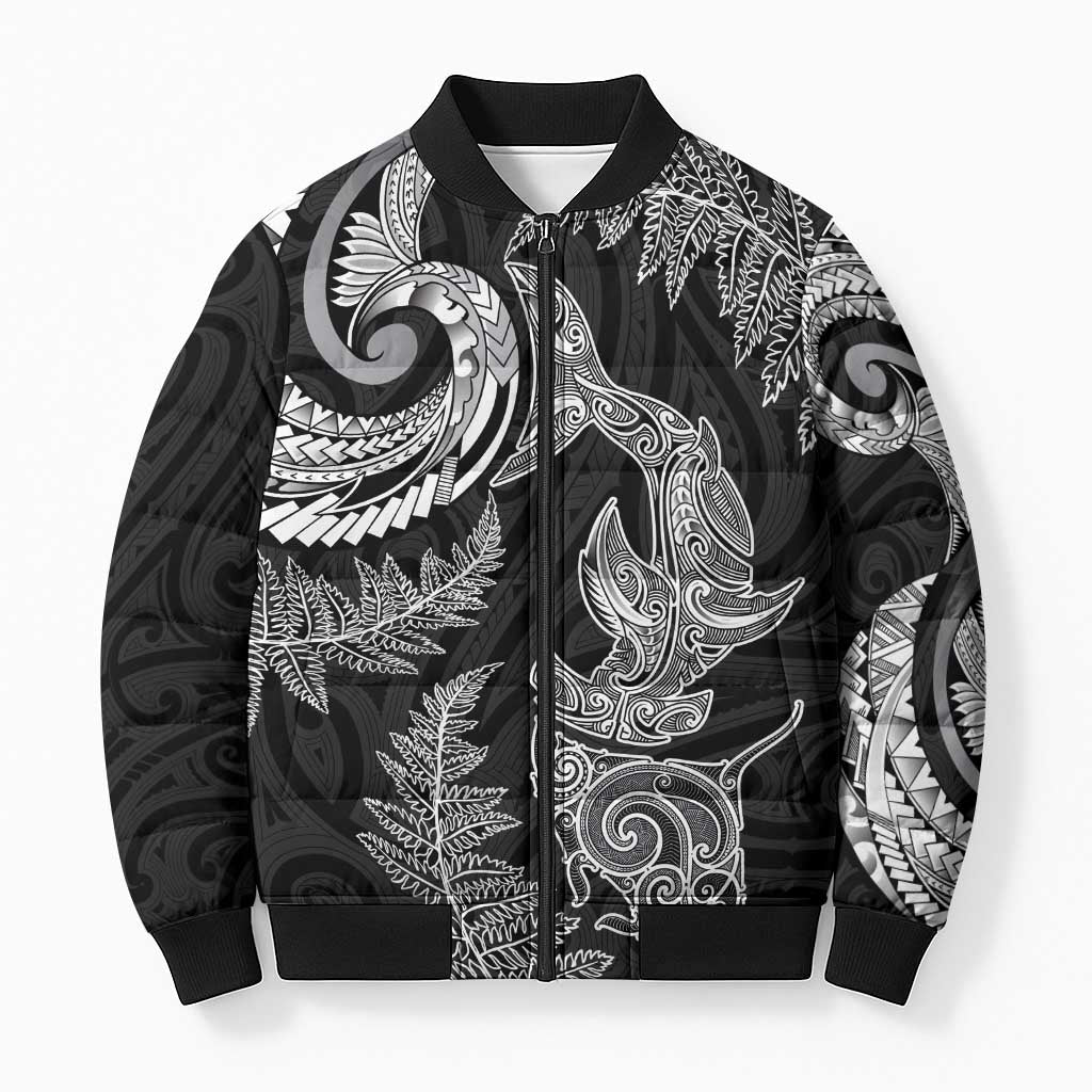 New Zealand Sea Animals with Maori Tribal Tattoo Bomber Puffer Jacket Shark Manta Ray with Silver Fern Black LT03 Unisex Black - Polynesian Pride