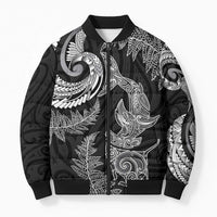 New Zealand Sea Animals with Maori Tribal Tattoo Bomber Puffer Jacket Shark Manta Ray with Silver Fern Black LT03 Unisex Black - Polynesian Pride