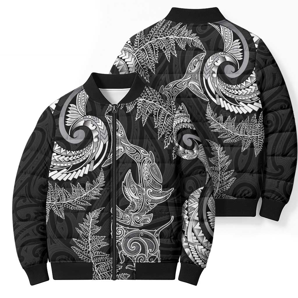 New Zealand Sea Animals with Maori Tribal Tattoo Bomber Puffer Jacket Shark Manta Ray with Silver Fern Black LT03 - Polynesian Pride
