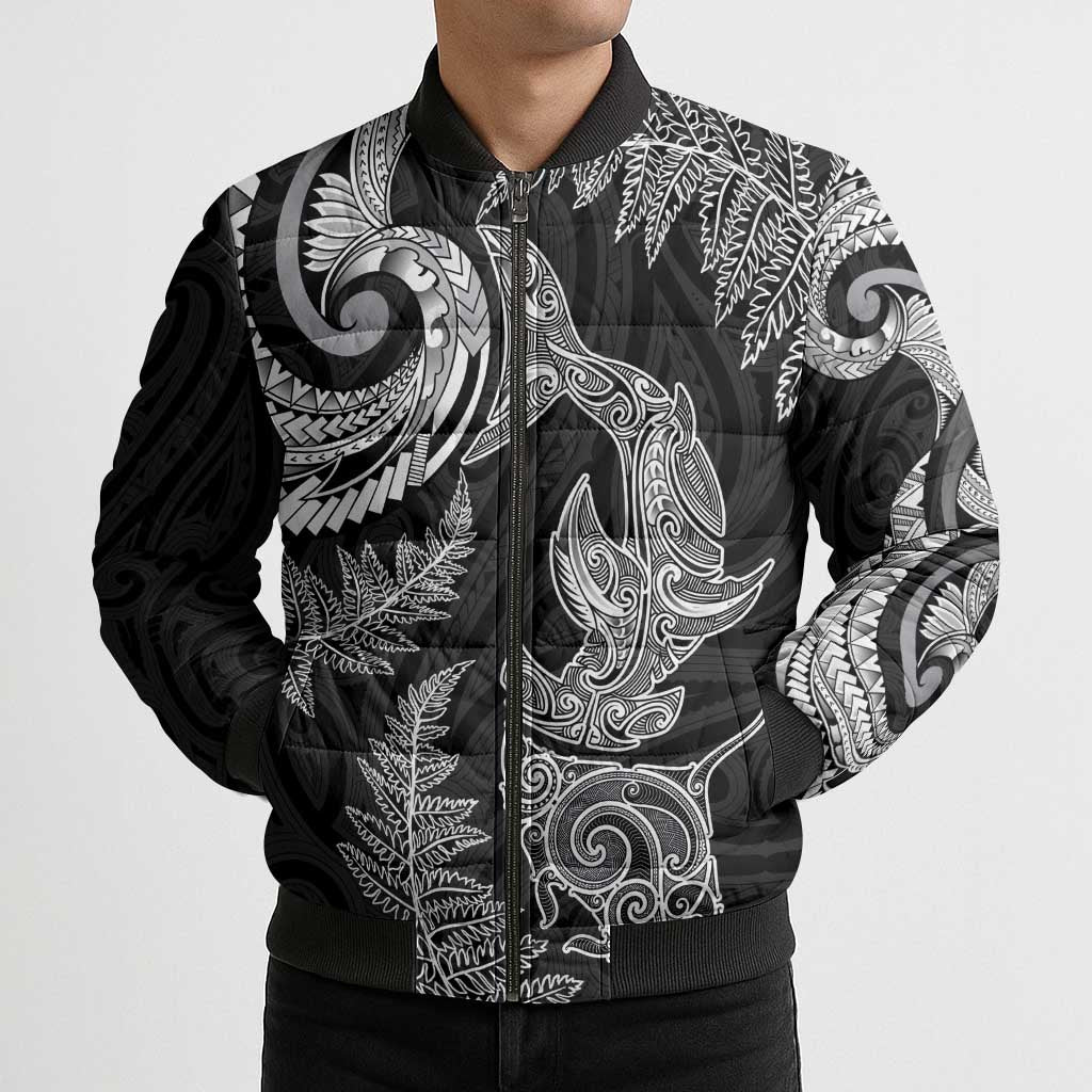 New Zealand Sea Animals with Maori Tribal Tattoo Bomber Puffer Jacket Shark Manta Ray with Silver Fern Black LT03 - Polynesian Pride