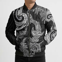 New Zealand Sea Animals with Maori Tribal Tattoo Bomber Puffer Jacket Shark Manta Ray with Silver Fern Black LT03 - Polynesian Pride