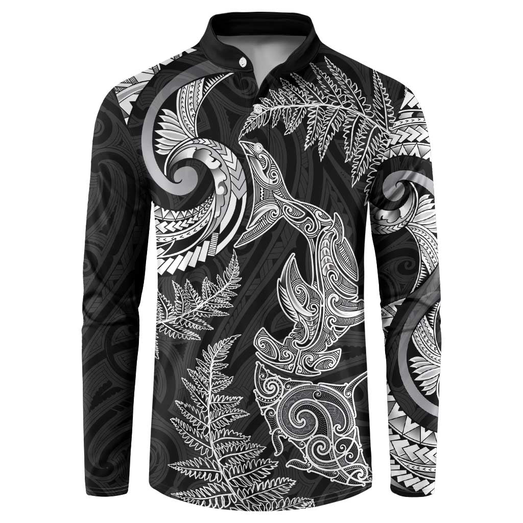 New Zealand Sea Animals with Maori Tribal Tattoo Button Sweatshirt Shark Manta Ray with Silver Fern Black LT03 Black - Polynesian Pride