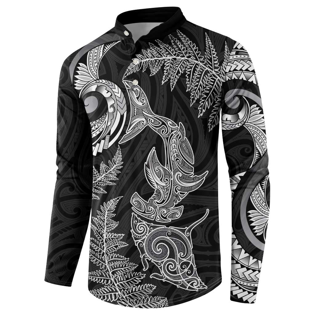 New Zealand Sea Animals with Maori Tribal Tattoo Button Sweatshirt Shark Manta Ray with Silver Fern Black LT03 - Polynesian Pride