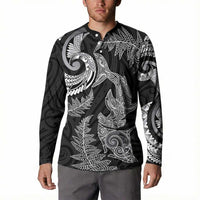New Zealand Sea Animals with Maori Tribal Tattoo Button Sweatshirt Shark Manta Ray with Silver Fern Black LT03 - Polynesian Pride
