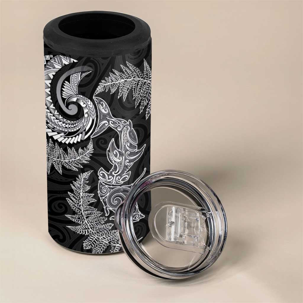 New Zealand Sea Animals with Maori Tribal Tattoo 4 in 1 Can Cooler Tumbler Shark Manta Ray with Silver Fern Black LT03 - Polynesian Pride