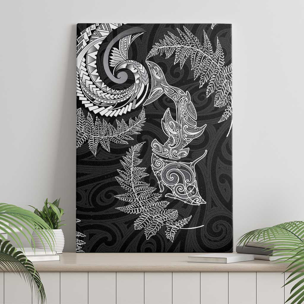 New Zealand Sea Animals with Maori Tribal Tattoo Canvas Wall Art Shark Manta Ray with Silver Fern Black LT03 - Polynesian Pride