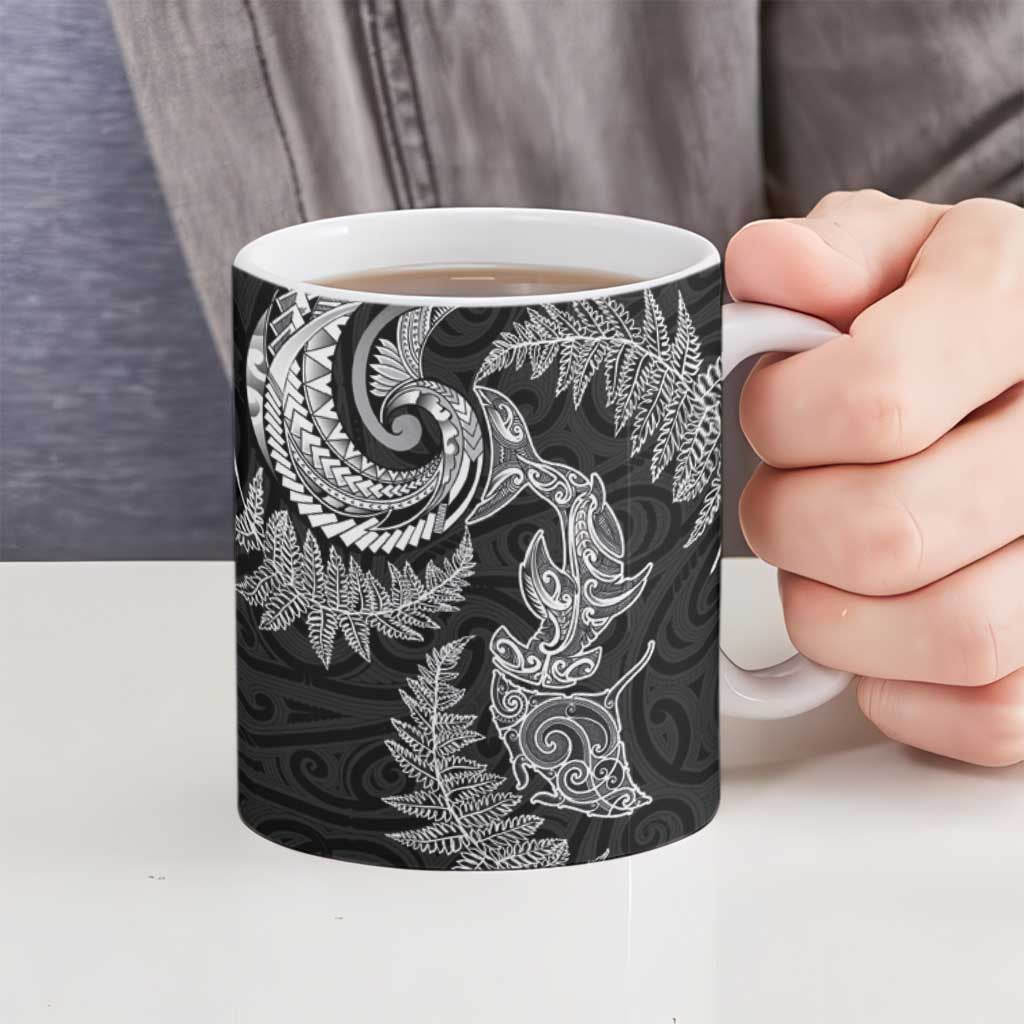 New Zealand Sea Animals with Maori Tribal Tattoo Ceramic Mug Shark Manta Ray with Silver Fern Black LT03 - Polynesian Pride