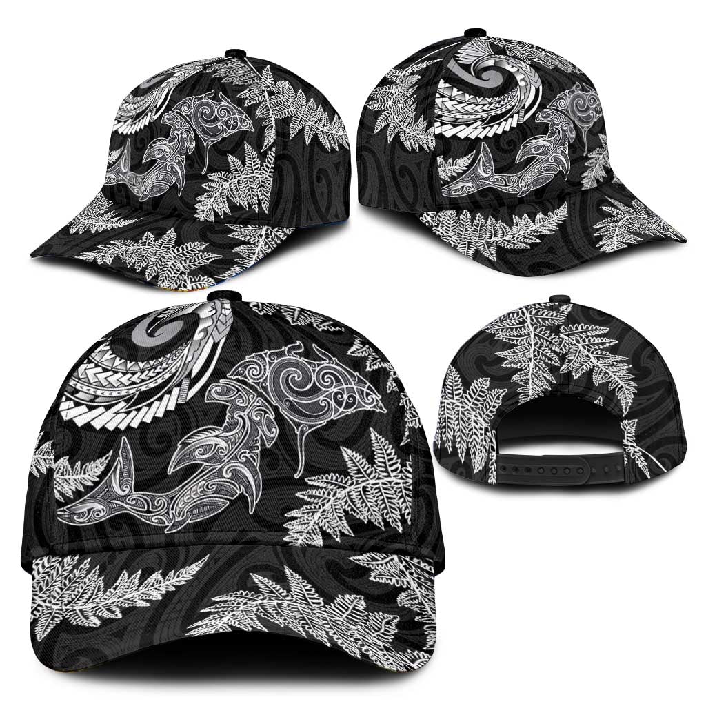 New Zealand Sea Animals with Maori Tribal Tattoo Classic Cap Shark Manta Ray with Silver Fern Black