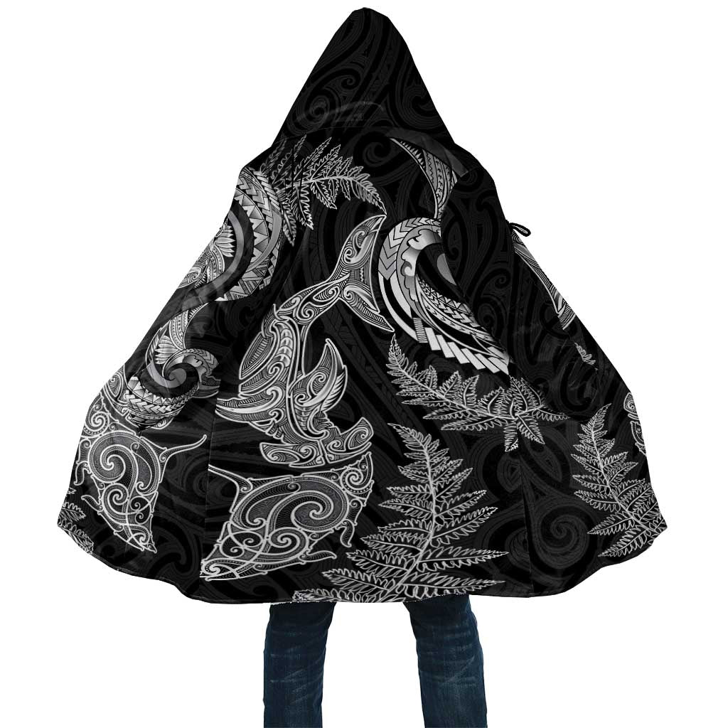 New Zealand Sea Animals with Maori Tribal Tattoo Cloak Shark Manta Ray with Silver Fern Black
