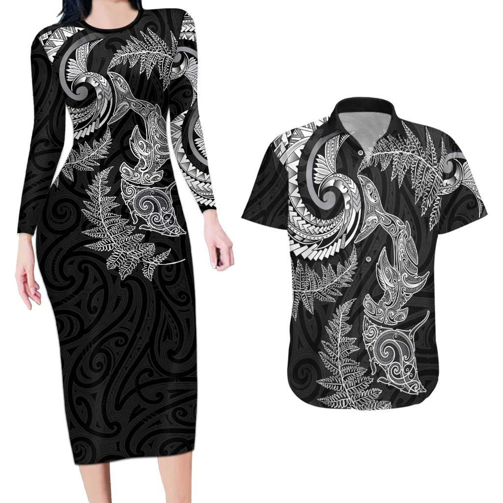 New Zealand Sea Animals with Maori Tribal Tattoo Couples Matching Long Sleeve Bodycon Dress and Hawaiian Shirt Shark Manta Ray with Silver Fern Black LT03 Black - Polynesian Pride