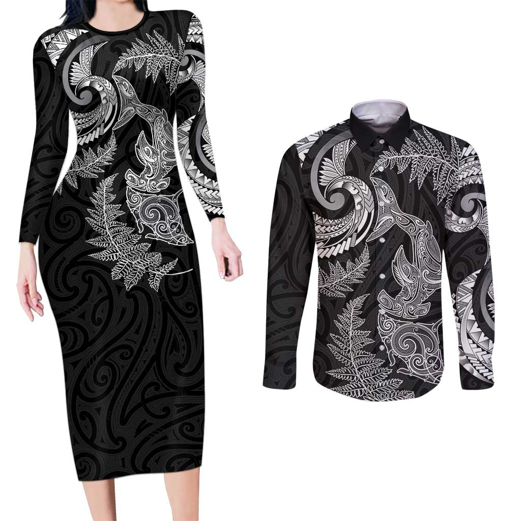 New Zealand Sea Animals with Maori Tribal Tattoo Couples Matching Long Sleeve Bodycon Dress and Long Sleeve Button Shirt Shark Manta Ray with Silver Fern Black LT03 Black - Polynesian Pride